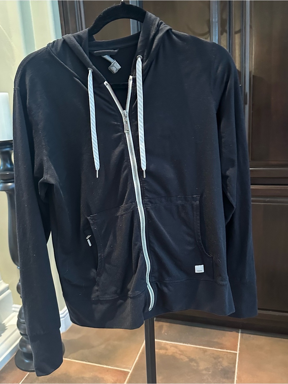 Vuori Black Hooded Zip Sweatshirt with White Drawstrings
